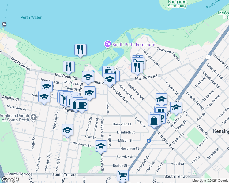 map of restaurants, bars, coffee shops, grocery stores, and more near 27 Douglas Avenue in South Perth