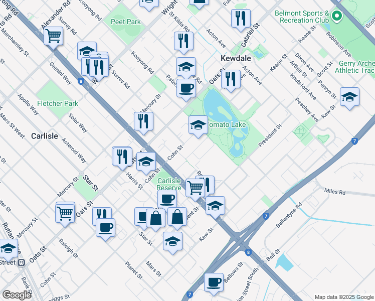 map of restaurants, bars, coffee shops, grocery stores, and more near 86 Cohn Street in Kewdale