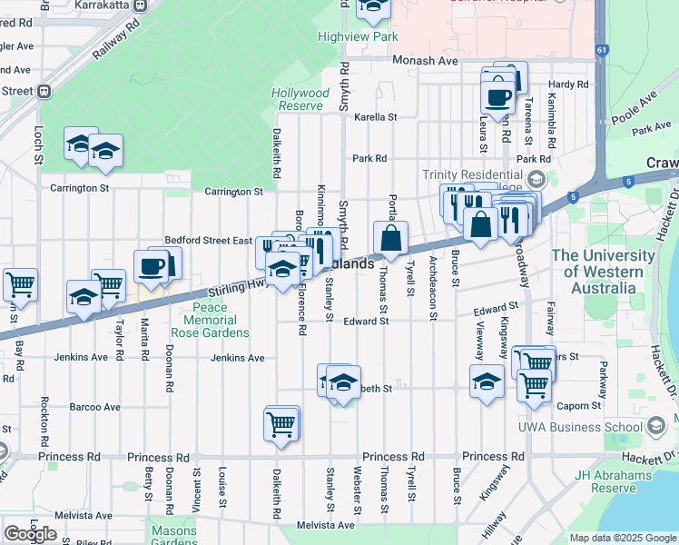 map of restaurants, bars, coffee shops, grocery stores, and more near 72 Stirling Highway in Nedlands