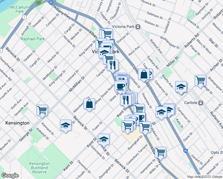map of restaurants, bars, coffee shops, grocery stores, and more near 6 Rathay Street in Victoria Park