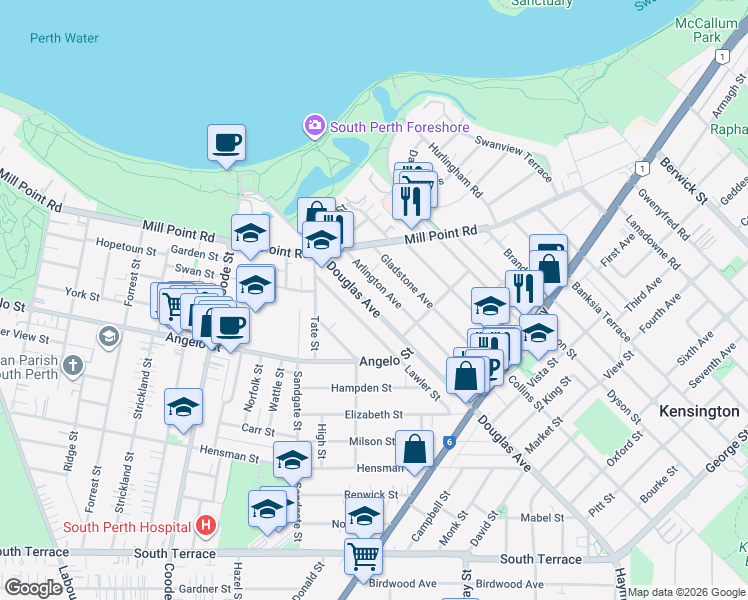 map of restaurants, bars, coffee shops, grocery stores, and more near 52 Douglas Avenue in South Perth