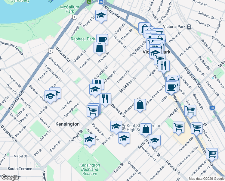 map of restaurants, bars, coffee shops, grocery stores, and more near 72 Leonard Street in Victoria Park