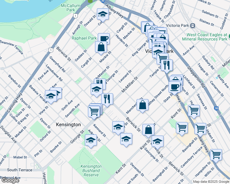 map of restaurants, bars, coffee shops, grocery stores, and more near 72 Leonard Street in Victoria Park