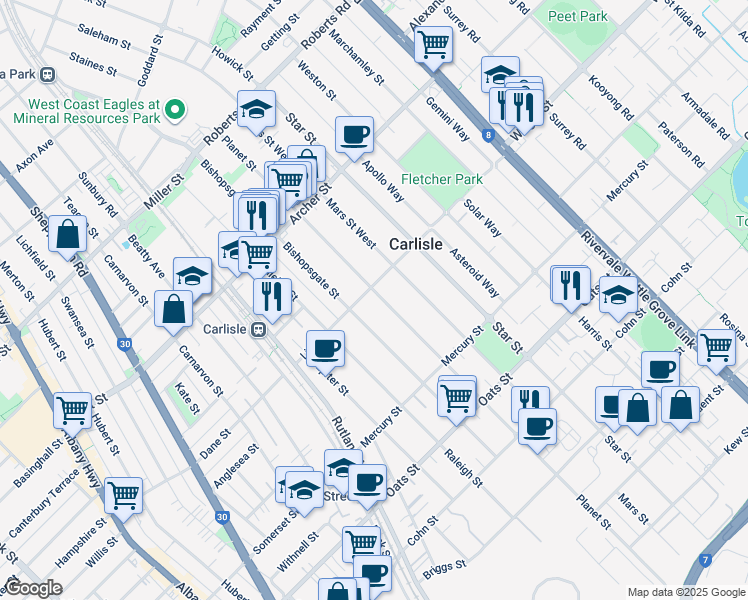 map of restaurants, bars, coffee shops, grocery stores, and more near 89 Planet Street in Carlisle