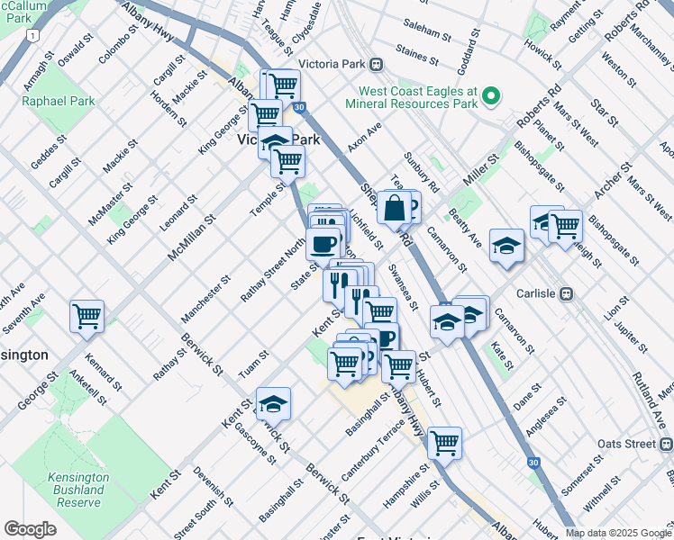 map of restaurants, bars, coffee shops, grocery stores, and more near 642 Albany Highway in Victoria Park
