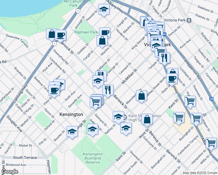 map of restaurants, bars, coffee shops, grocery stores, and more near 82 Leonard Street in Victoria Park
