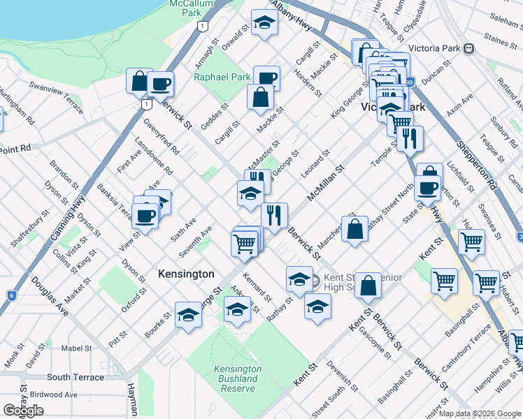 map of restaurants, bars, coffee shops, grocery stores, and more near 131 Berwick Street in Victoria Park