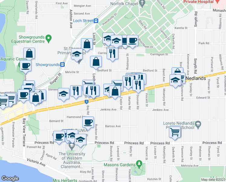 map of restaurants, bars, coffee shops, grocery stores, and more near 64 Napier Street in Nedlands