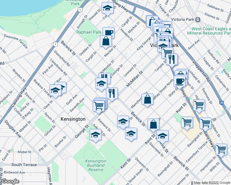 map of restaurants, bars, coffee shops, grocery stores, and more near 156 Berwick Street in Victoria Park