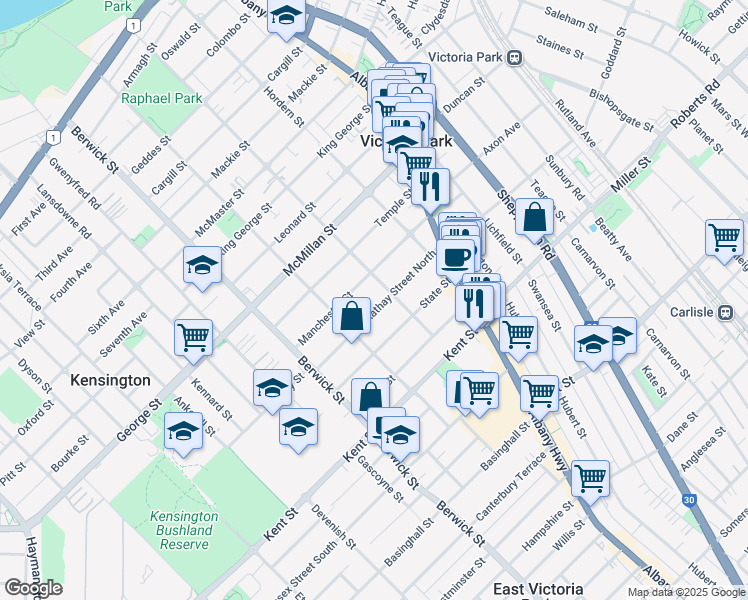 map of restaurants, bars, coffee shops, grocery stores, and more near 25 Rathay Street in Victoria Park