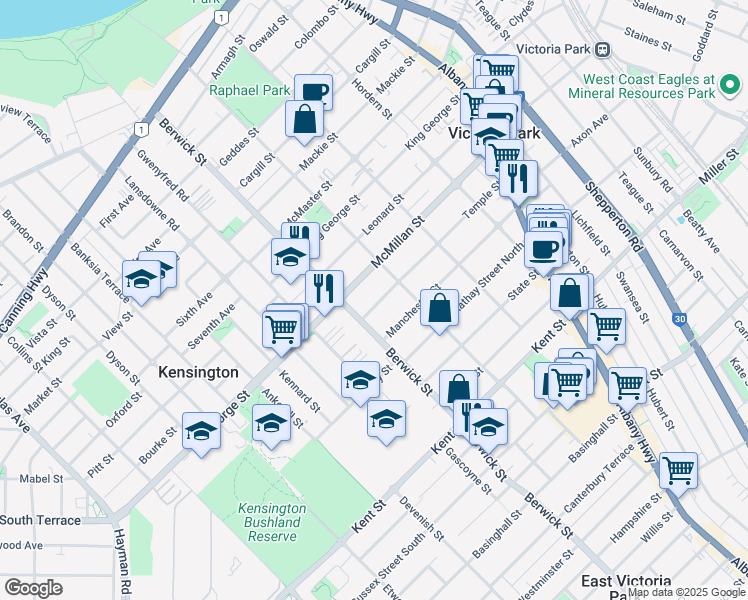 map of restaurants, bars, coffee shops, grocery stores, and more near 63 Temple Street in Victoria Park