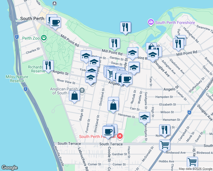 map of restaurants, bars, coffee shops, grocery stores, and more near 2 Strickland Street in South Perth