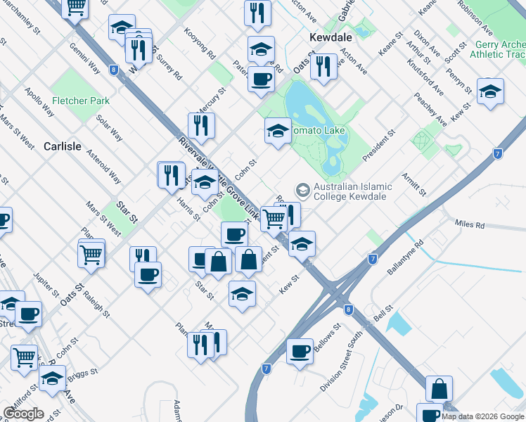 map of restaurants, bars, coffee shops, grocery stores, and more near 2 Durham Place in Kewdale