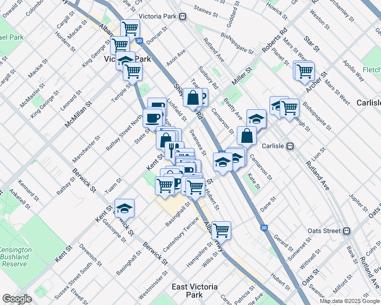 map of restaurants, bars, coffee shops, grocery stores, and more near 24 Hubert Street in East Victoria Park
