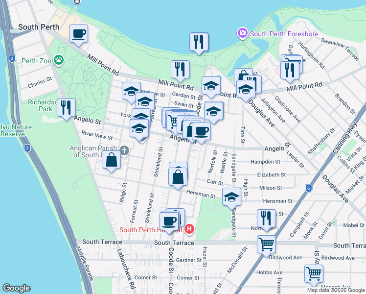 map of restaurants, bars, coffee shops, grocery stores, and more near 4 Anstey Street in South Perth