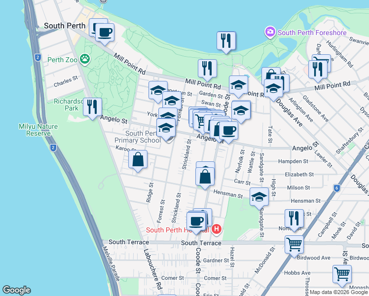 map of restaurants, bars, coffee shops, grocery stores, and more near 9 Strickland Street in South Perth