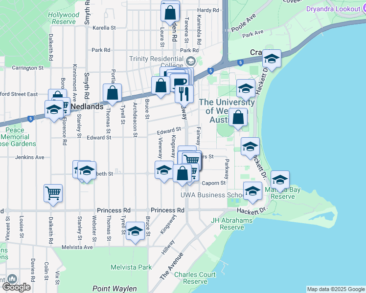 map of restaurants, bars, coffee shops, grocery stores, and more near 83 Broadway in Nedlands