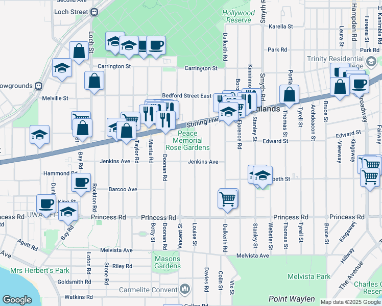 map of restaurants, bars, coffee shops, grocery stores, and more near 19 Louise Street in Nedlands