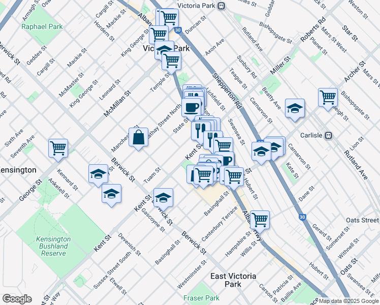map of restaurants, bars, coffee shops, grocery stores, and more near 17B Kent Street in Victoria Park