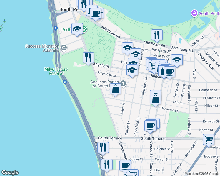 map of restaurants, bars, coffee shops, grocery stores, and more near 10 Onslow Street in South Perth
