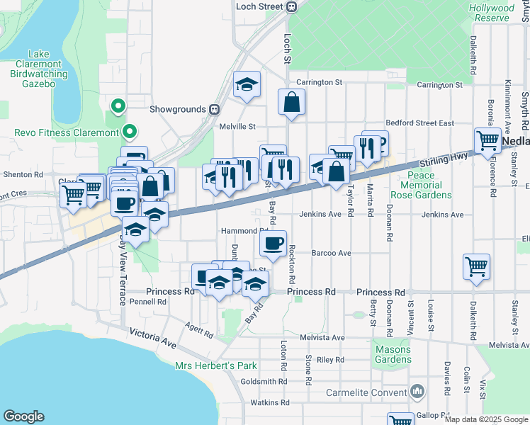 map of restaurants, bars, coffee shops, grocery stores, and more near 8 Bay Road in Claremont