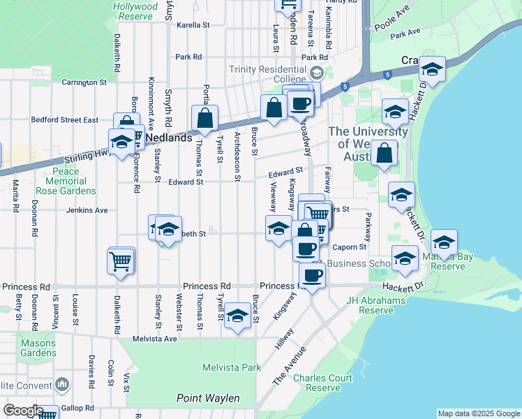 map of restaurants, bars, coffee shops, grocery stores, and more near 32 Bruce Street in Nedlands