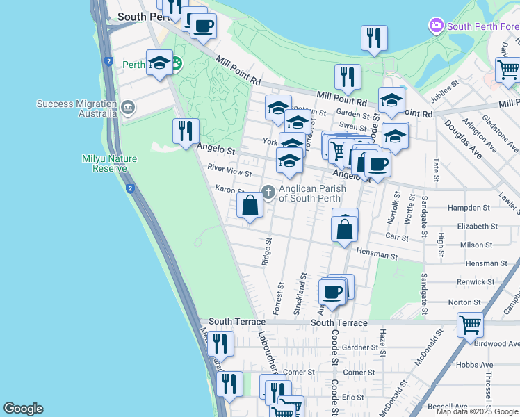 map of restaurants, bars, coffee shops, grocery stores, and more near 23A Karoo Street in South Perth