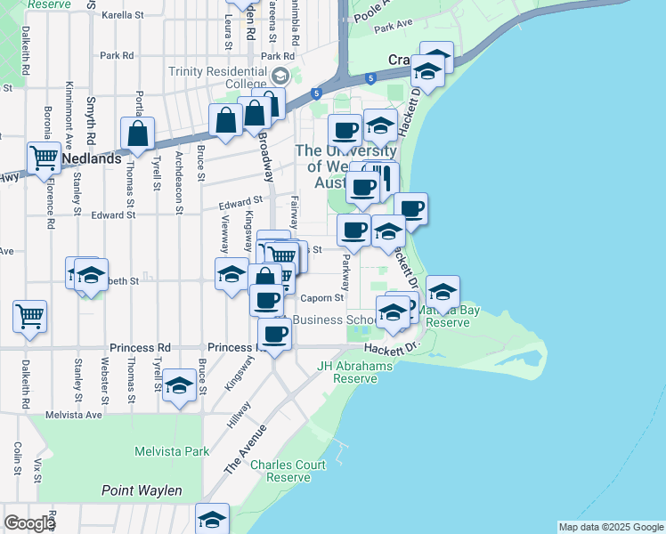 map of restaurants, bars, coffee shops, grocery stores, and more near 32 Cook Street in Crawley