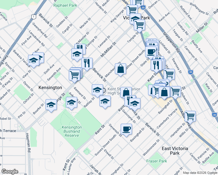 map of restaurants, bars, coffee shops, grocery stores, and more near 213 Berwick Street in Victoria Park