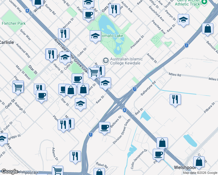 map of restaurants, bars, coffee shops, grocery stores, and more near 427 Orrong Road in Kewdale
