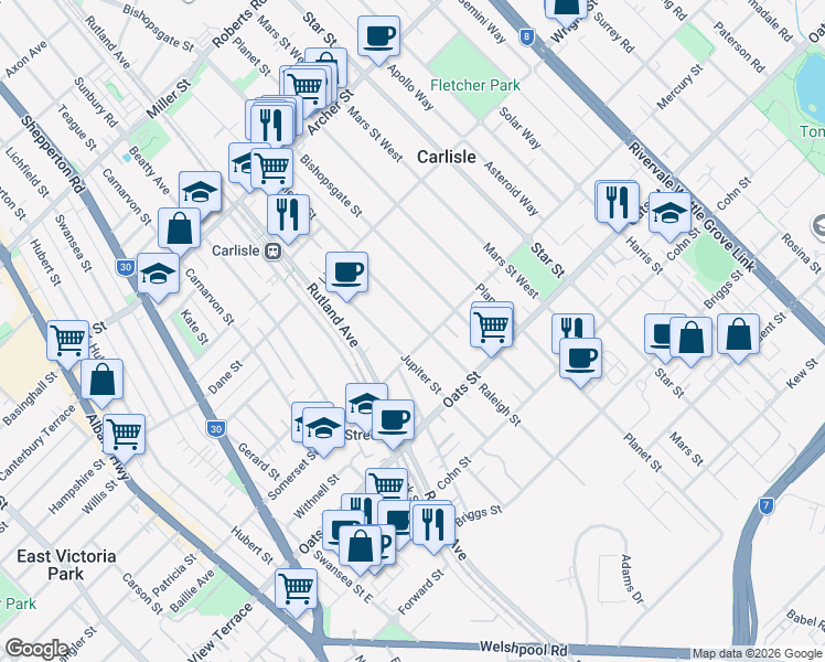 map of restaurants, bars, coffee shops, grocery stores, and more near 121B Raleigh Street in Carlisle