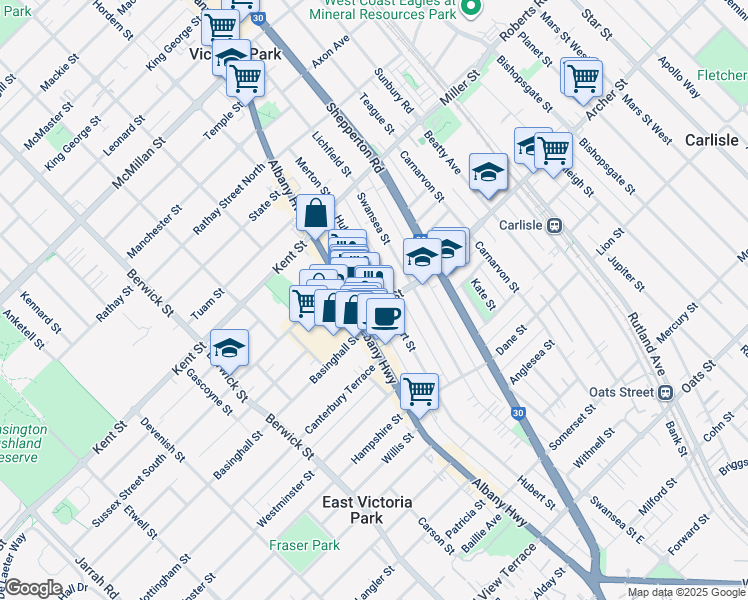 map of restaurants, bars, coffee shops, grocery stores, and more near 3 Mint Street in East Victoria Park
