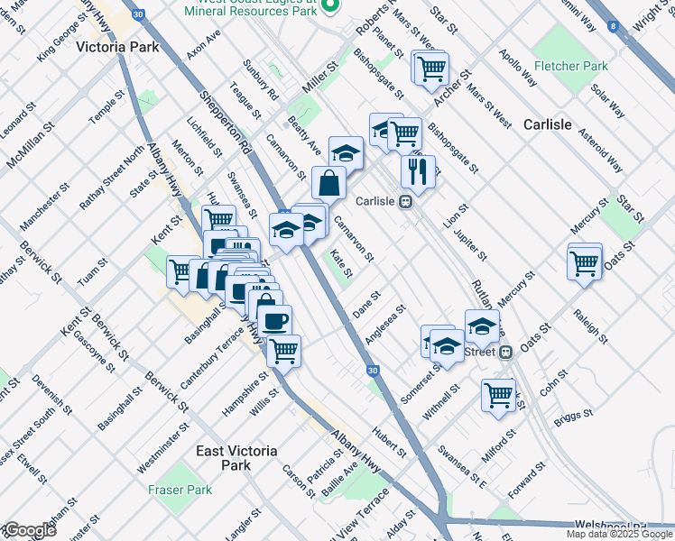 map of restaurants, bars, coffee shops, grocery stores, and more near 9 Kate Street in East Victoria Park