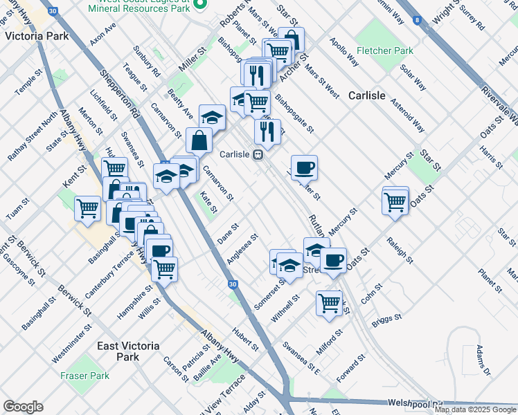 map of restaurants, bars, coffee shops, grocery stores, and more near 86 Dane Street in East Victoria Park