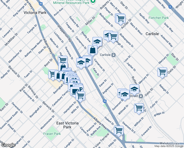 map of restaurants, bars, coffee shops, grocery stores, and more near 234 Shepperton Road in East Victoria Park