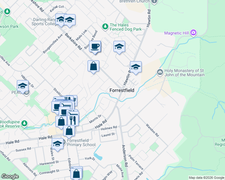 map of restaurants, bars, coffee shops, grocery stores, and more near 19 Sheoak Court in Forrestfield