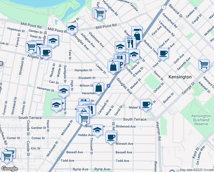 map of restaurants, bars, coffee shops, grocery stores, and more near 169 Canning Highway in South Perth