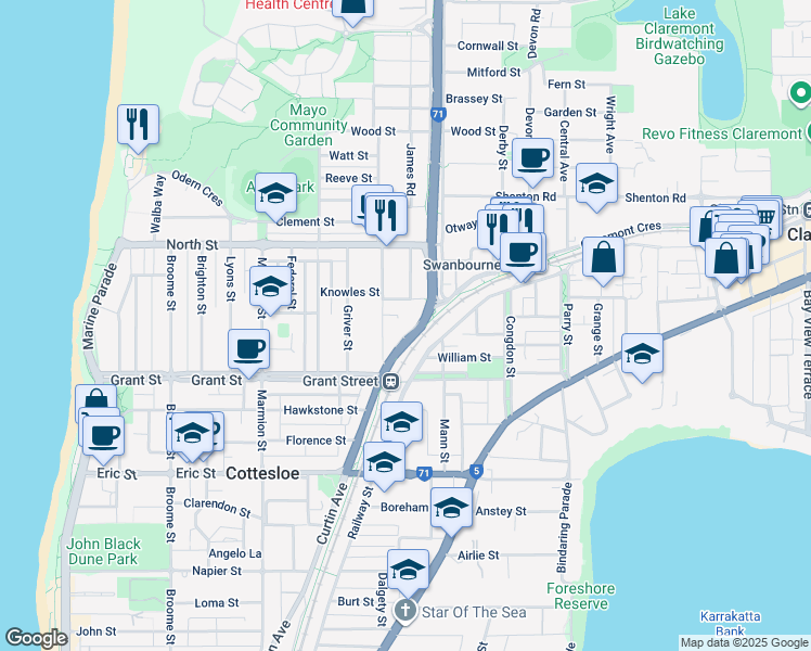 map of restaurants, bars, coffee shops, grocery stores, and more near 287 Curtin Avenue in Cottesloe