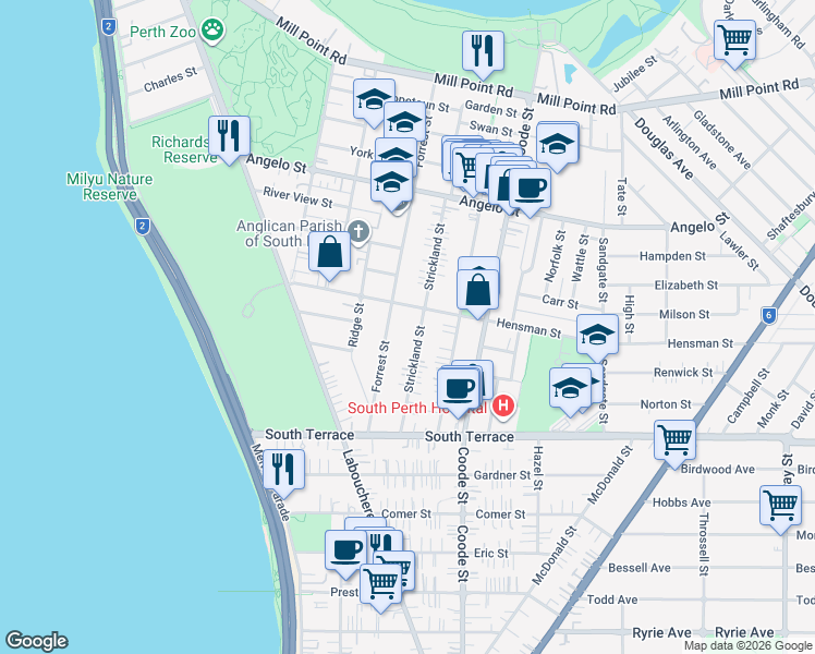 map of restaurants, bars, coffee shops, grocery stores, and more near 49A Strickland Street in South Perth
