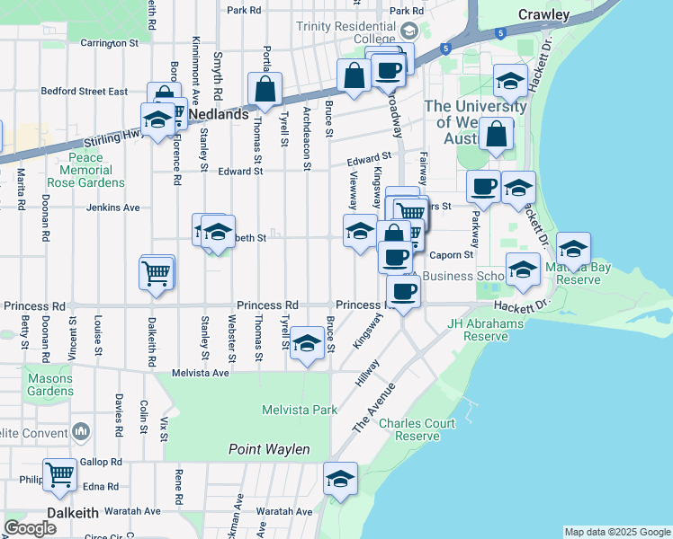 map of restaurants, bars, coffee shops, grocery stores, and more near 58 Bruce Street in Nedlands