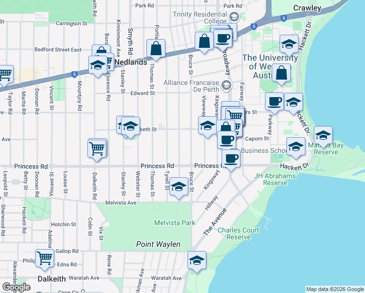 map of restaurants, bars, coffee shops, grocery stores, and more near 68 Archdeacon Street in Nedlands