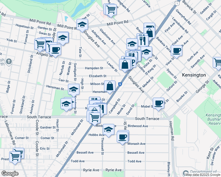 map of restaurants, bars, coffee shops, grocery stores, and more near 144 Hensman Street in South Perth