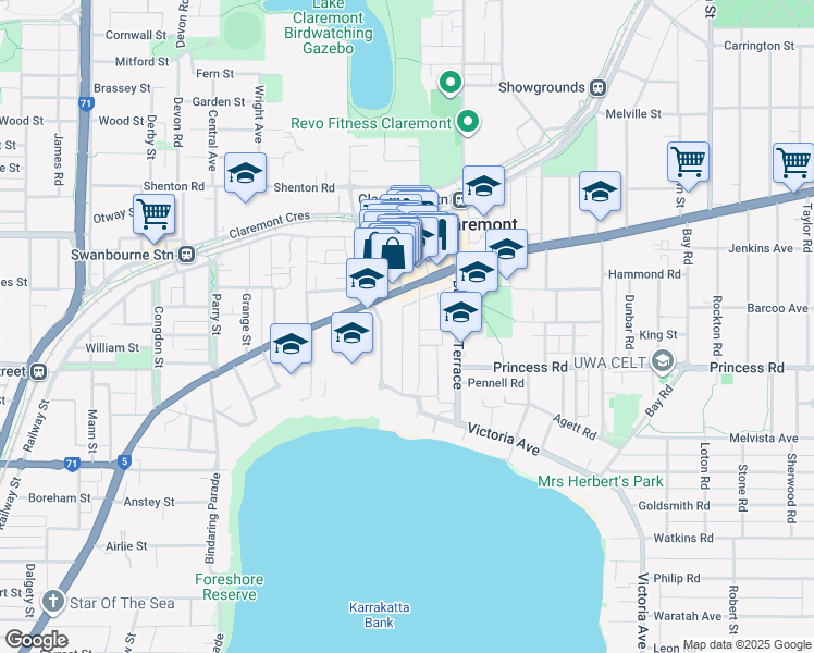 map of restaurants, bars, coffee shops, grocery stores, and more near 9 Freshwater Parade in Claremont