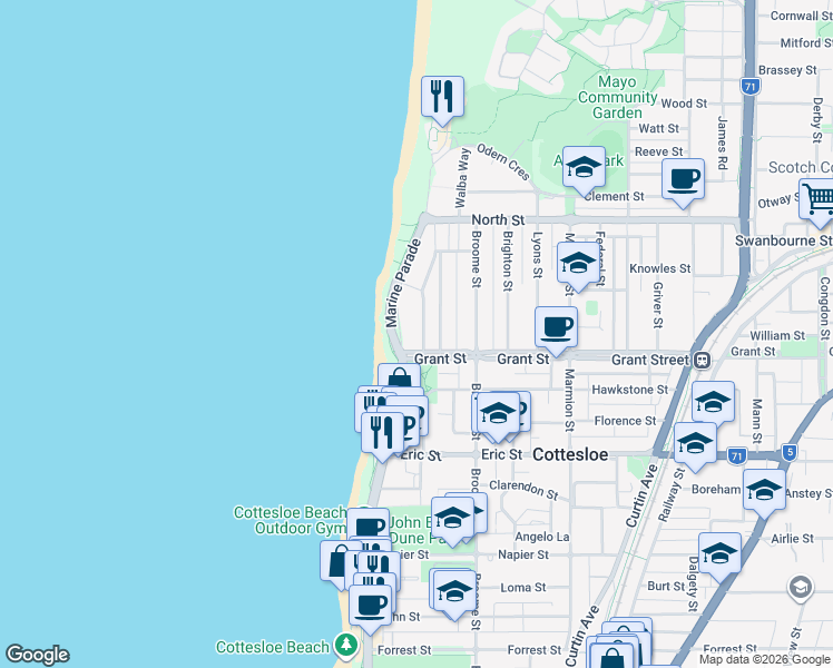 map of restaurants, bars, coffee shops, grocery stores, and more near 3 Margaret Street in Cottesloe