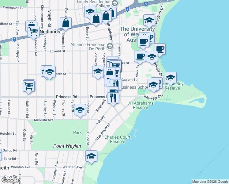 map of restaurants, bars, coffee shops, grocery stores, and more near 124 Broadway in Crawley