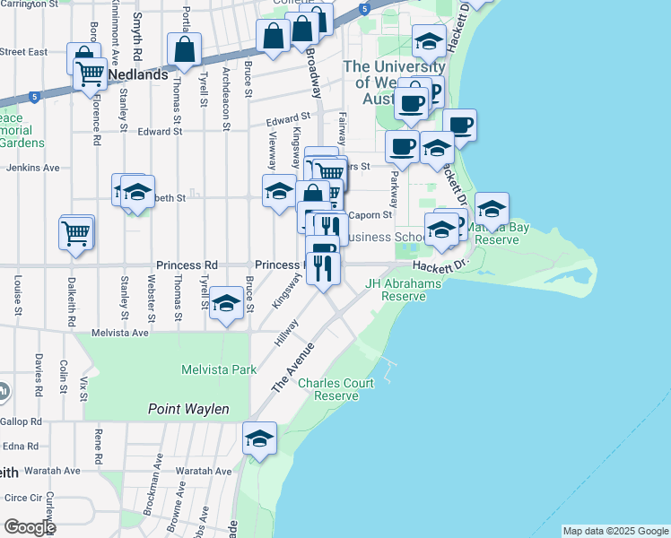 map of restaurants, bars, coffee shops, grocery stores, and more near 147 Fairway in Crawley