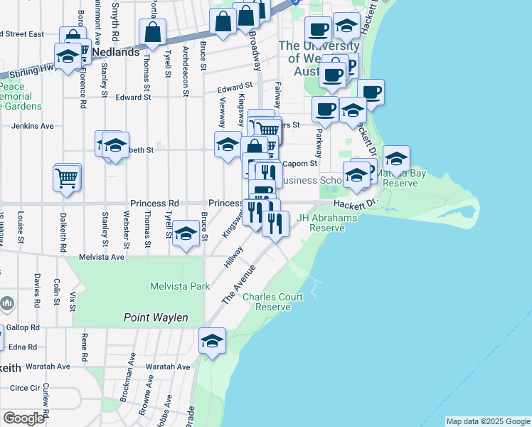 map of restaurants, bars, coffee shops, grocery stores, and more near 138 Broadway in Crawley