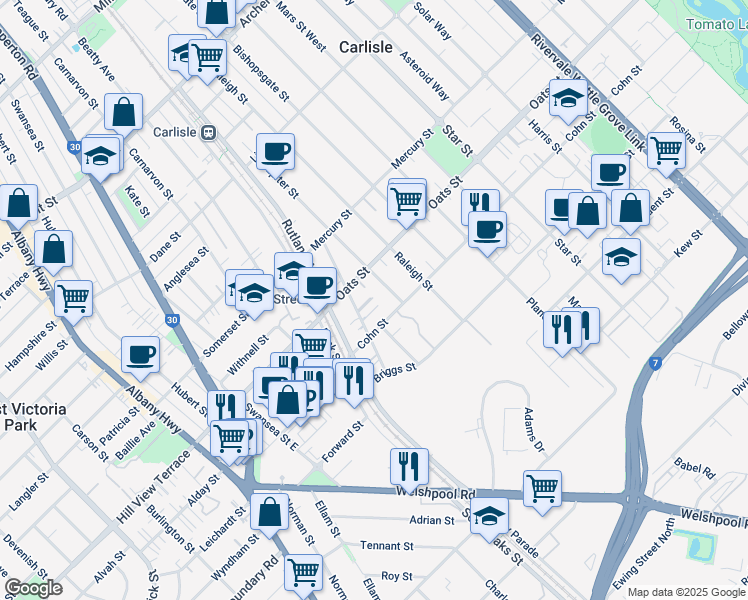 map of restaurants, bars, coffee shops, grocery stores, and more near 22 Tuckett Street in Carlisle