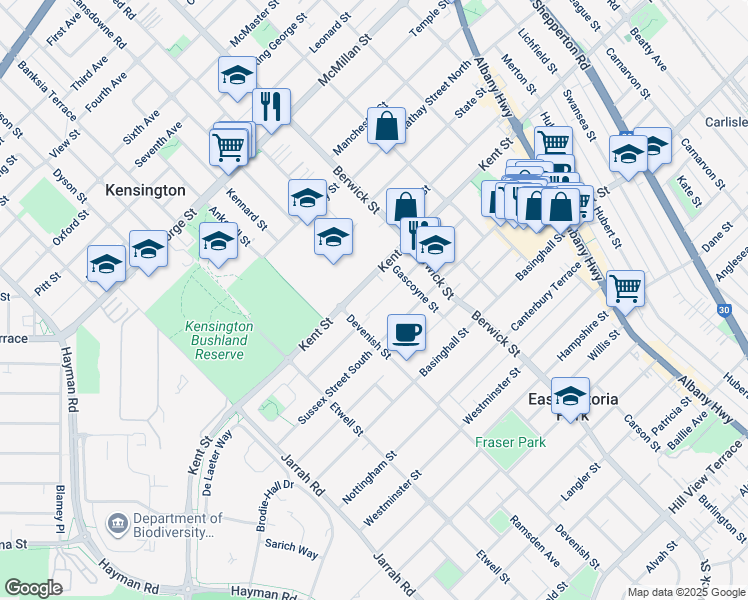 map of restaurants, bars, coffee shops, grocery stores, and more near 73 Ashburton Street in East Victoria Park