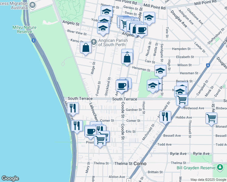 map of restaurants, bars, coffee shops, grocery stores, and more near 65 Anstey Street in South Perth